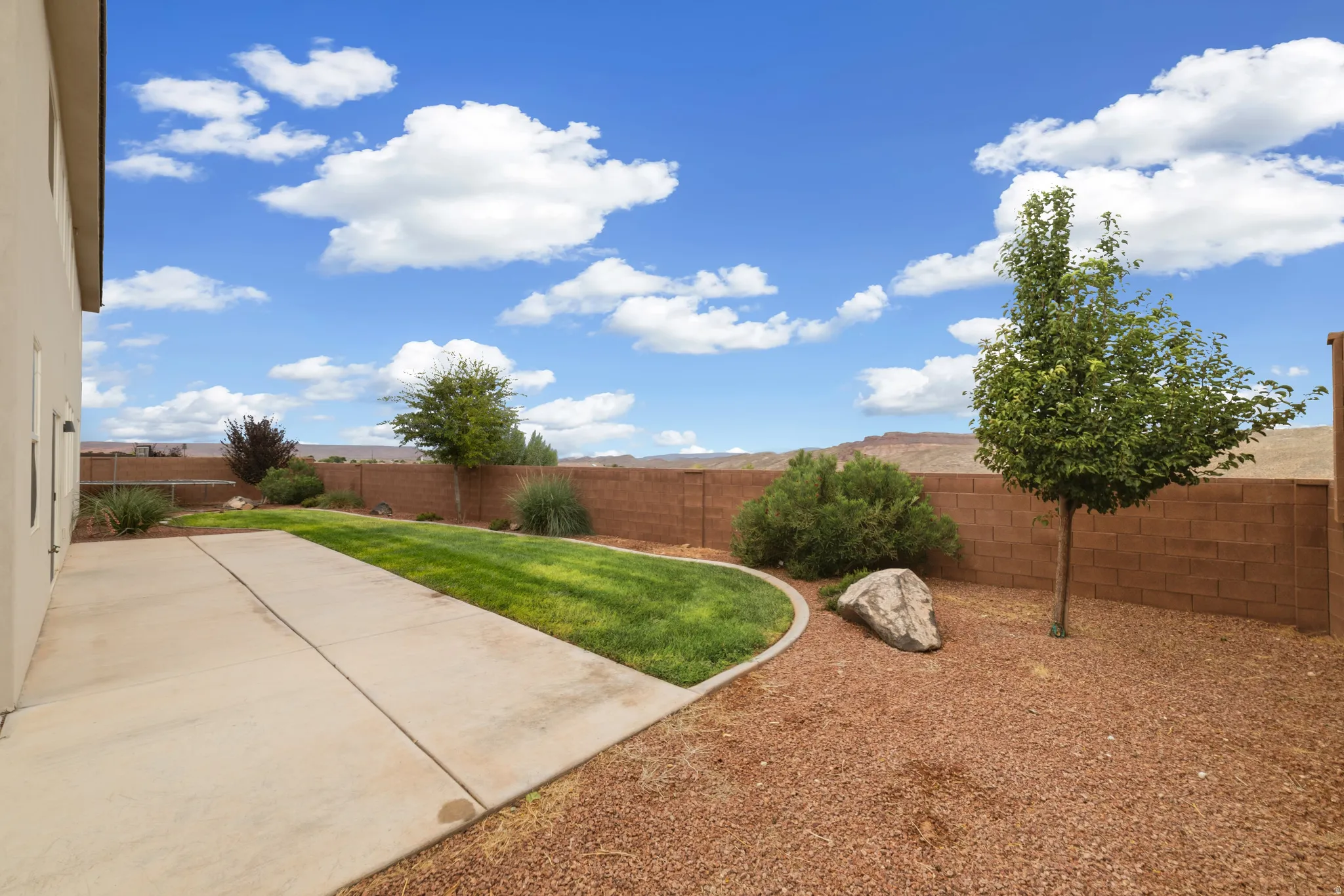 Spacious backyard featuring a concrete patio, a strip of manicured lawn, and a desert-landscaped area with mature shrubs and trees