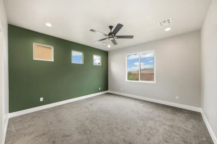 Spacious room featuring plush gray carpeting and a bold green accent wall
