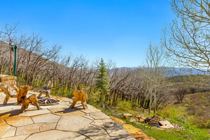 Stone patio with a built-in fire pit, surrounded by carved wooden seating