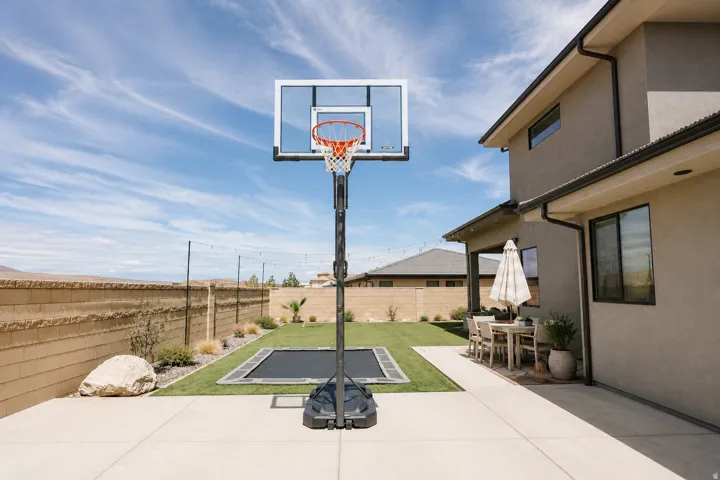 Expansive concrete patio with integrated sports court featuring a regulation basketball hoop and backboard