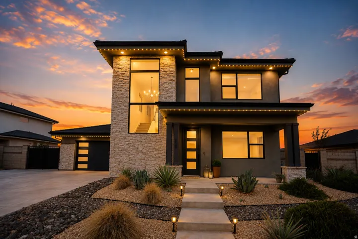Modern two-story exterior featuring a stone and stucco facade, an integrated garage, a concrete walkway, and low-maintenance landscaping