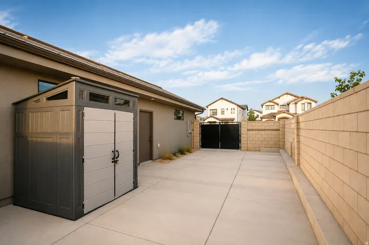 Concrete hardscaping, stucco exterior, privacy wall, double gate entry, and a storage shed with transom windows
