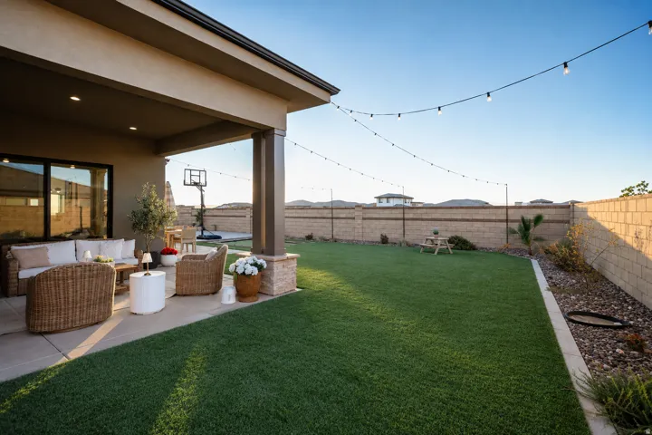 Expansive backyard featuring a covered patio, artificial turf, string lighting, and a block wall perimeter