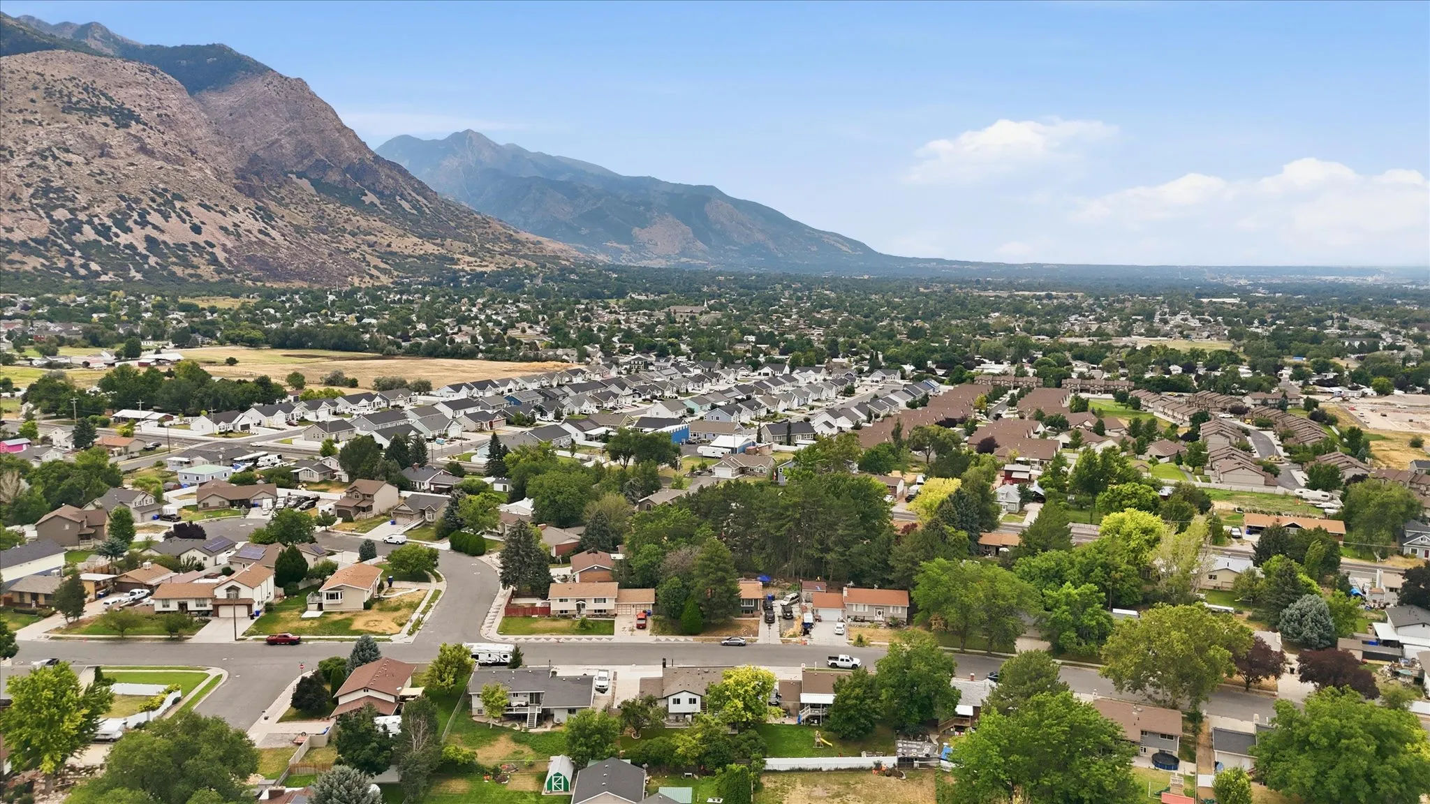 Expansive residential area featuring established homes, mature trees, and mountainous terrain