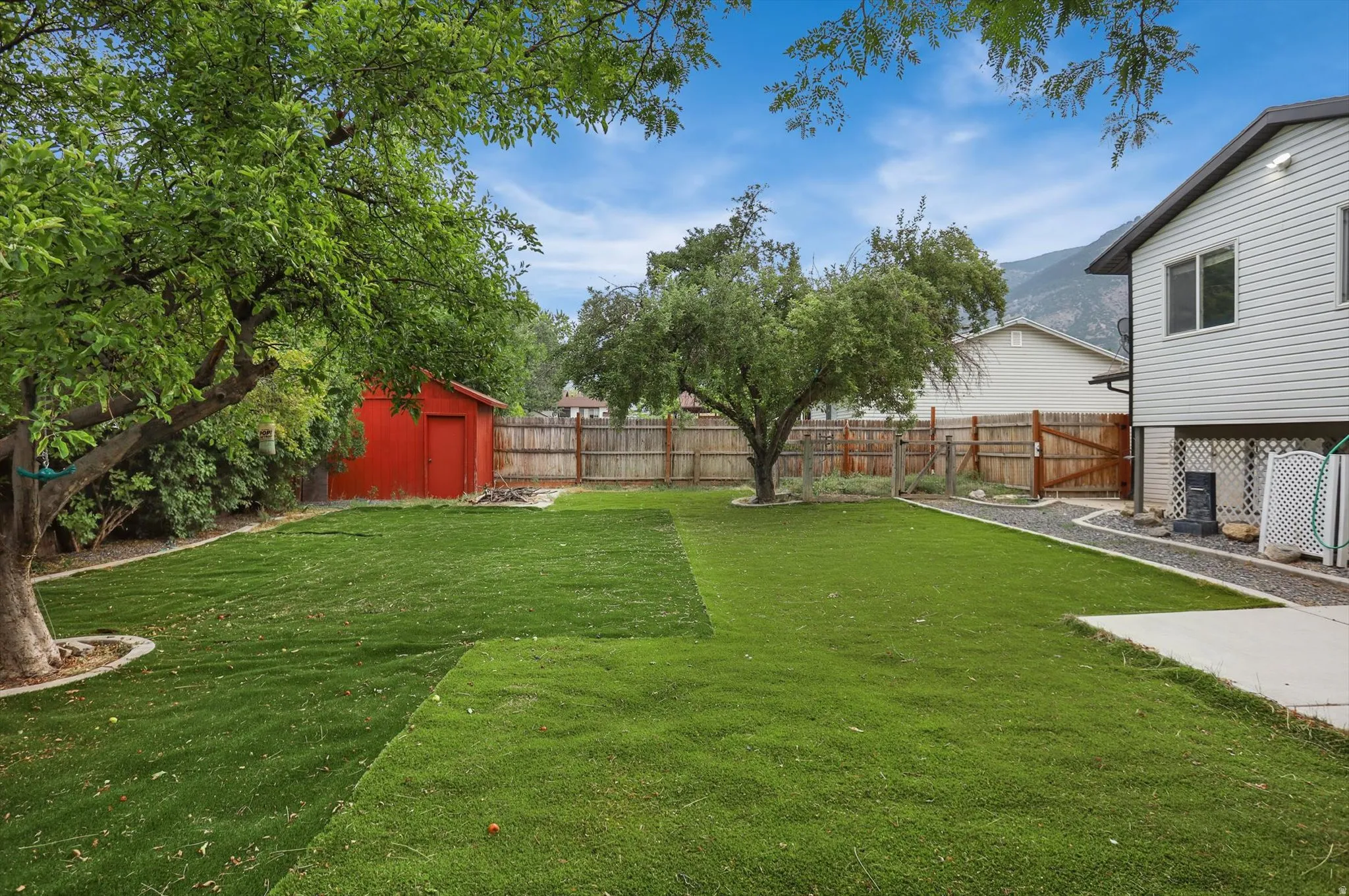 Expansive backyard featuring a lush green artificial lawn, mature trees, a red storage shed, and a wood privacy fence