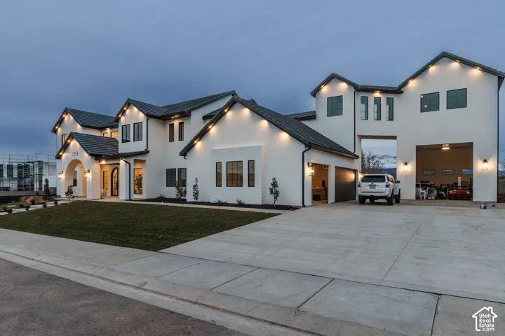 Contemporary stucco exterior with dark trim accents