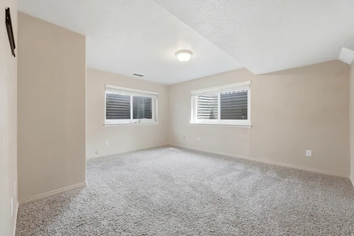Spacious room featuring neutral carpeting, light beige wall paint, two egress windows, a ceiling-mounted light fixture, and white trim