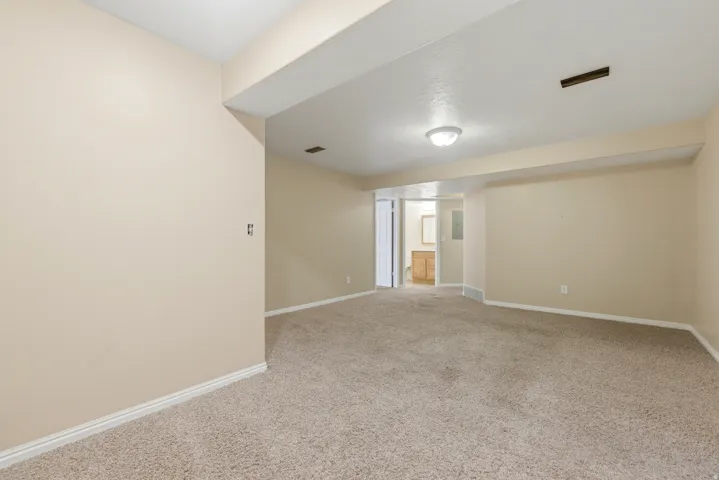 Spacious room featuring neutral carpeting, light beige walls, and a ceiling-mounted light fixture