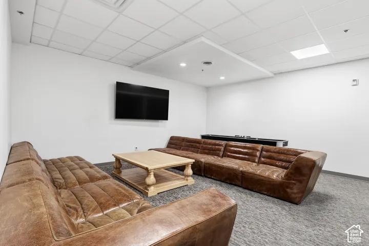 Recessed ceiling lighting, drop ceiling, wall-mounted display screen, and carpet flooring