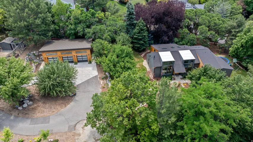 Modern architectural design property surrounded by mature trees