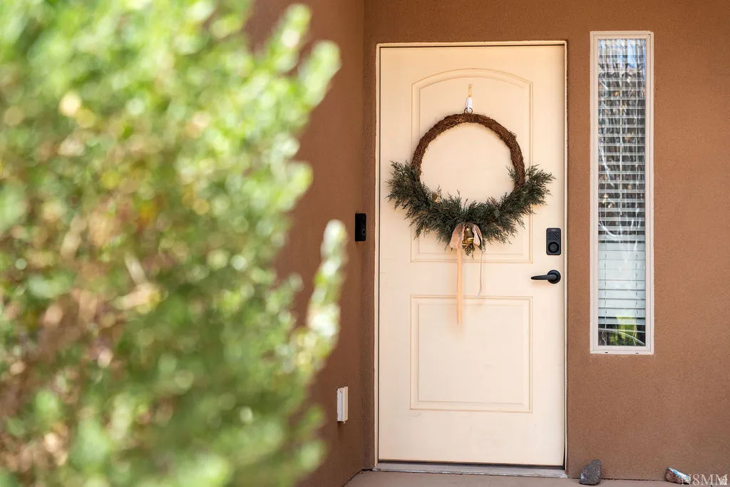 Entry door with arched paneling, matte black hardware, and a vertical side window with blinds