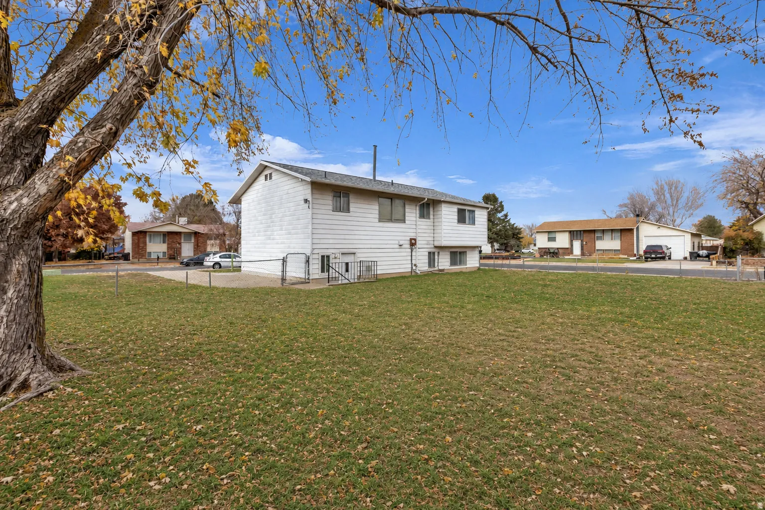 Expansive grassy yard with mature trees and perimeter fencing