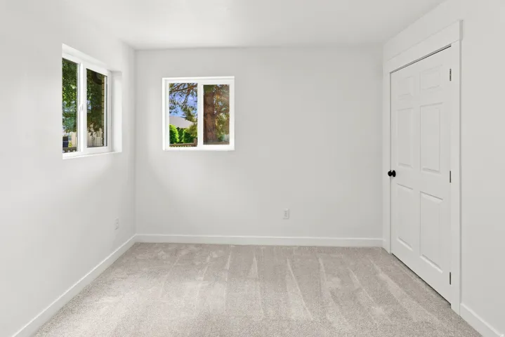 Neutral-toned room featuring a soft gray carpet, white walls, and bright white trim