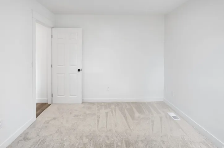 Light gray carpeting with white baseboards and an interior door featuring a matte black knob