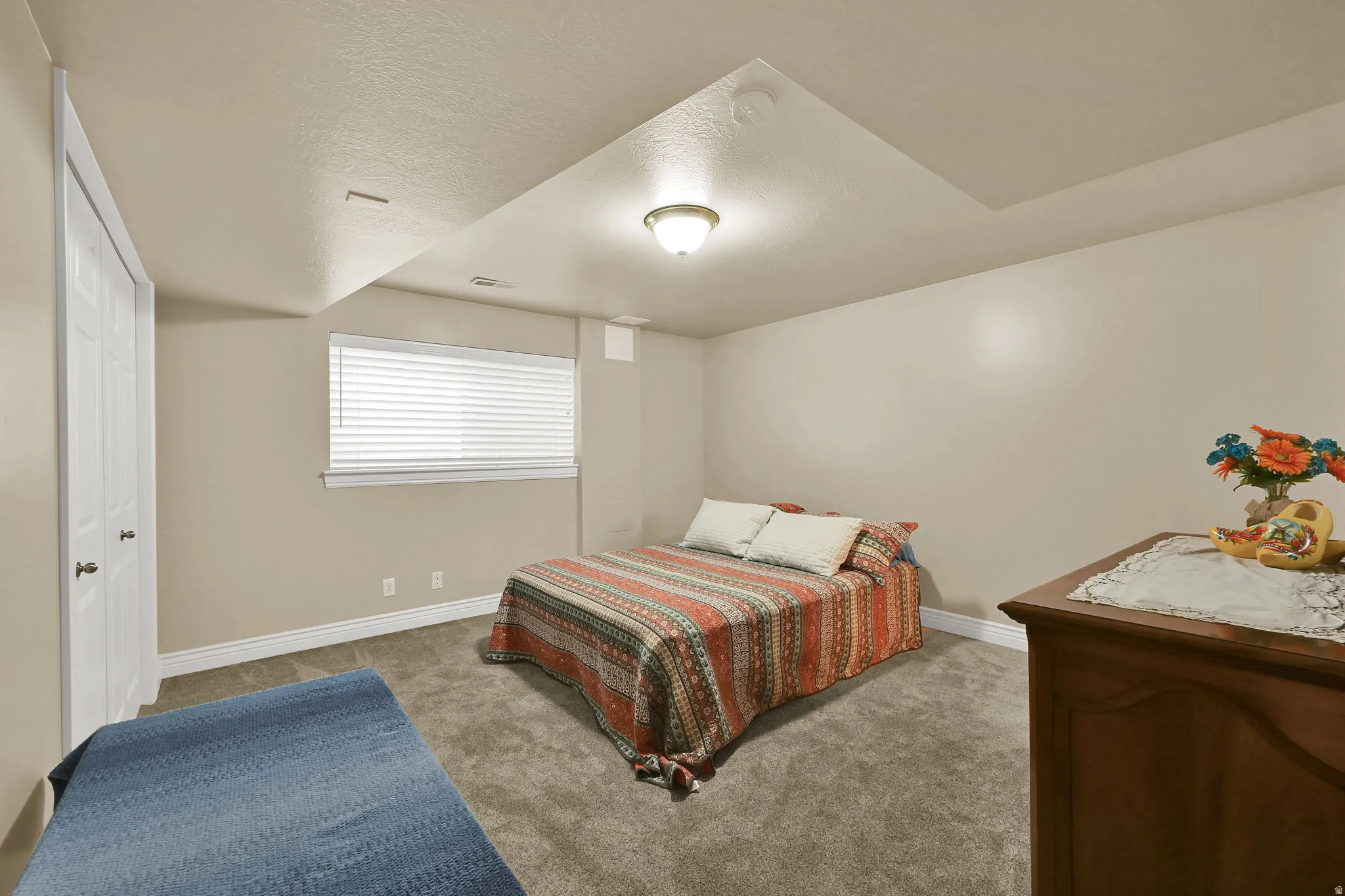 Neutral-toned room featuring light beige walls and gray carpeting