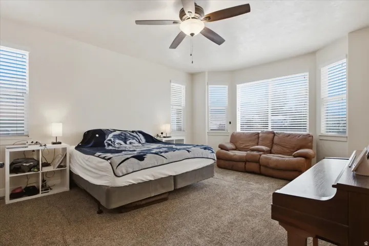 Carpeted room featuring a ceiling fan with integrated lighting, multiple windows with blinds, and white walls