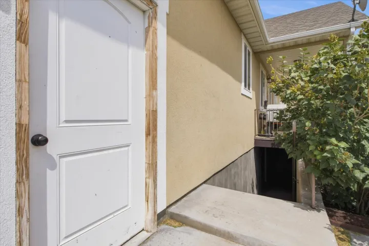Exterior entry featuring a white paneled door with decorative trim, stucco siding, and a concrete pathway leading to a lower-level entrance