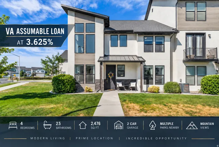 Real Estate Listing. Highlighting property features, including bedrooms, bathrooms, square footage, garage capacity, local amenities, and financing options for the property