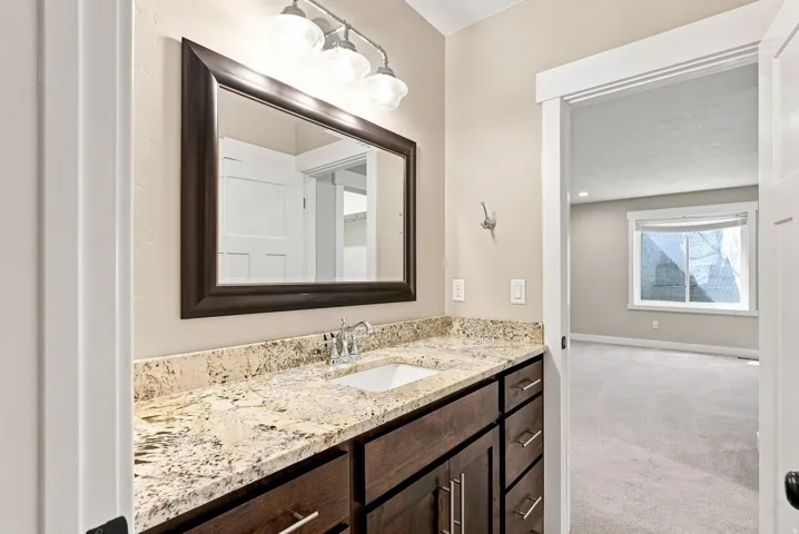 Bathroom vanity featuring a light-toned granite countertop, undermount sink, and dark wood-finish cabinetry