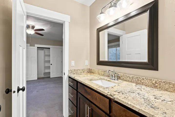 Vanity with a granite countertop and an undermount sink