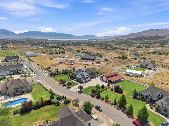 Aerial perspective showcasing a residential area with varied lot sizes