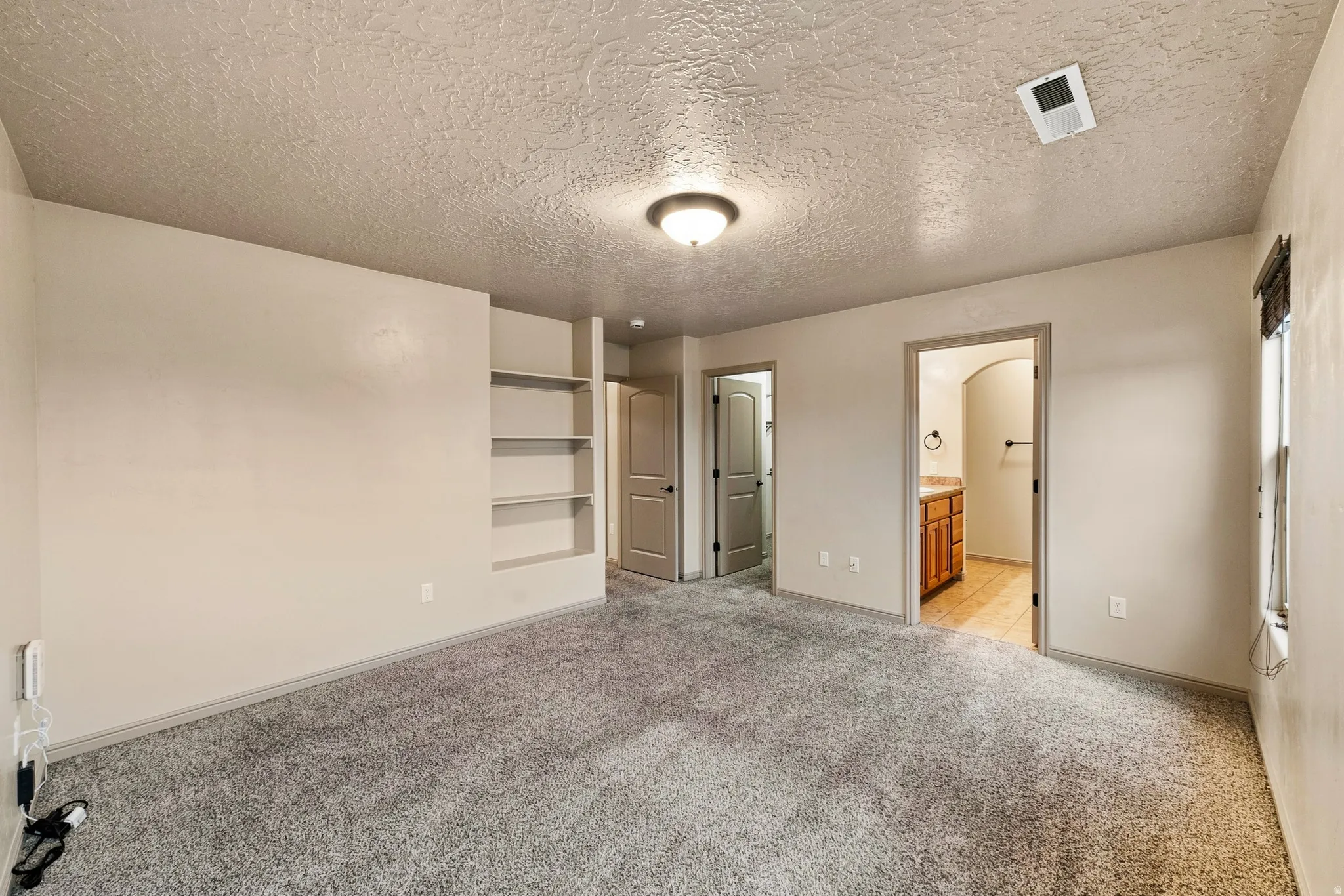 Carpeted interior space featuring light-toned walls, built-in shelving, and a ceiling-mounted light fixture
