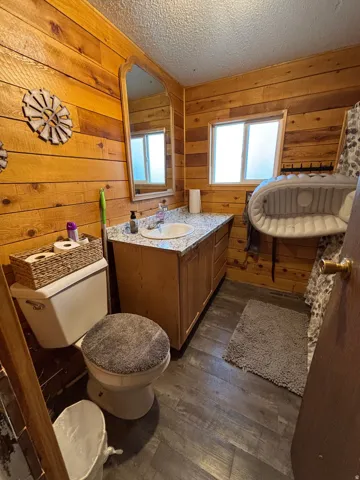 Bathroom featuring wood-finish wall paneling, a vanity with a white countertop and integrated sink, a large wall-mounted mirror, and wood-look flooring
