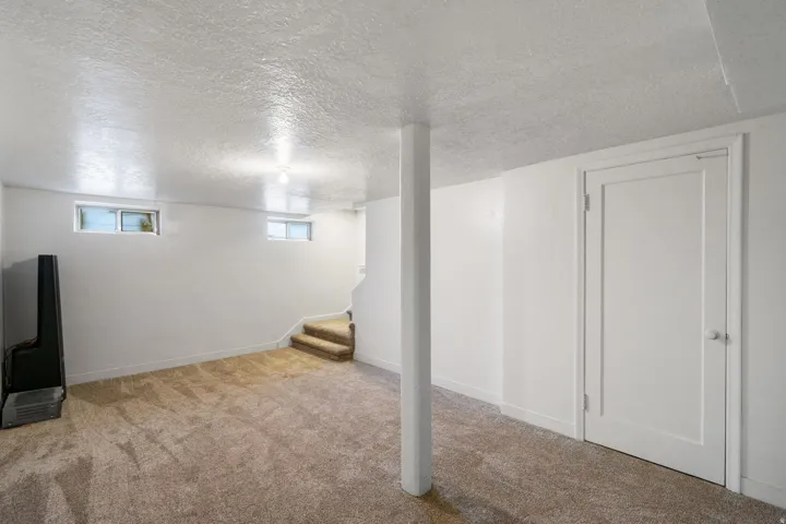 Finished lower level featuring neutral carpeting, white painted walls, and a white interior door