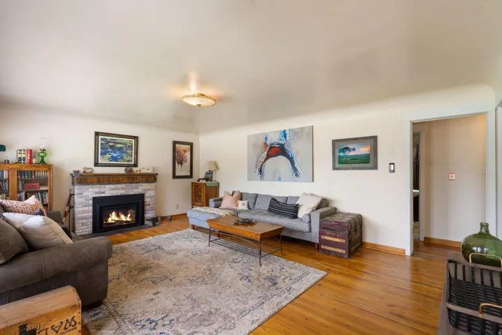 Living area featuring wood-finish flooring, a stone-clad fireplace with a dark mantel, and recessed overhead lighting