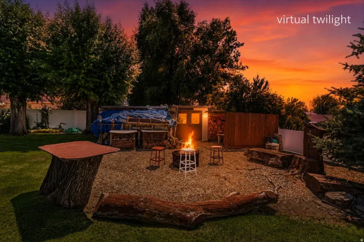 Sunset and evening views of fire pit area.