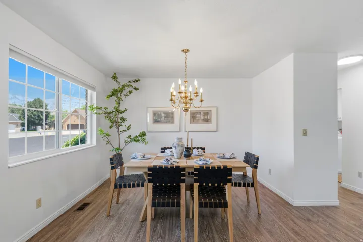 Formal dining area with mountain and valley views.