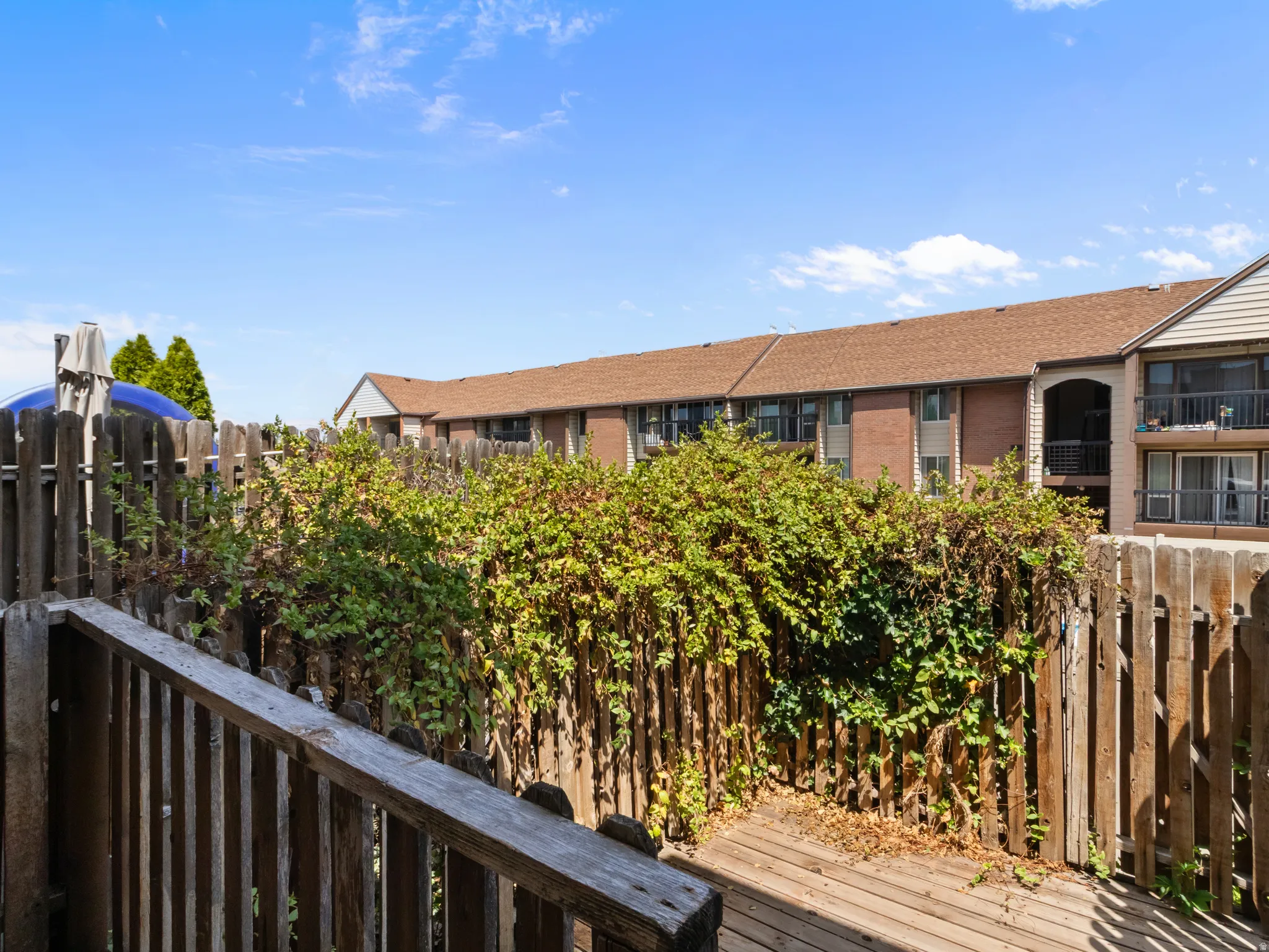 Outdoor deck area with natural wood fencing and lush perimeter plantings