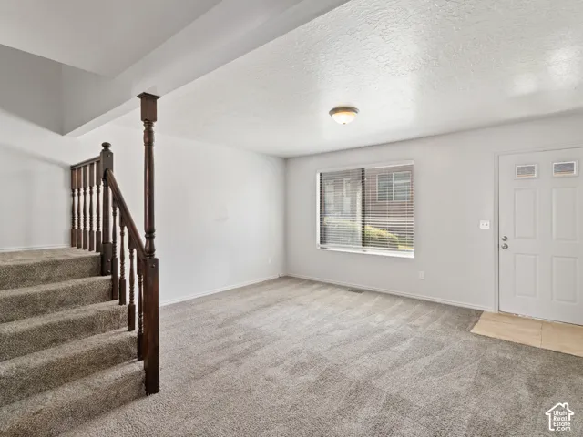 Entry area featuring neutral carpeting, a white paneled front door with decorative lites, and a rectangular window with blinds