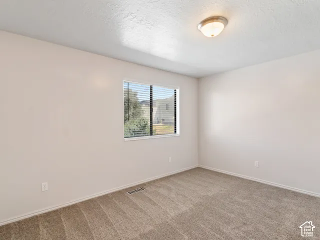 Neutral-toned interior featuring wall-to-wall carpeting and a single window with blinds