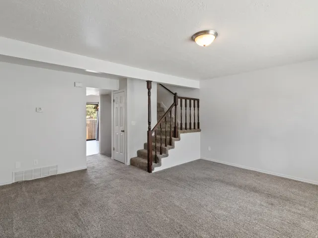 Carpeted living area with light-toned walls and a ceiling-mounted light fixture