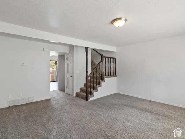 Carpeted living area with light-toned walls and a ceiling-mounted light fixture