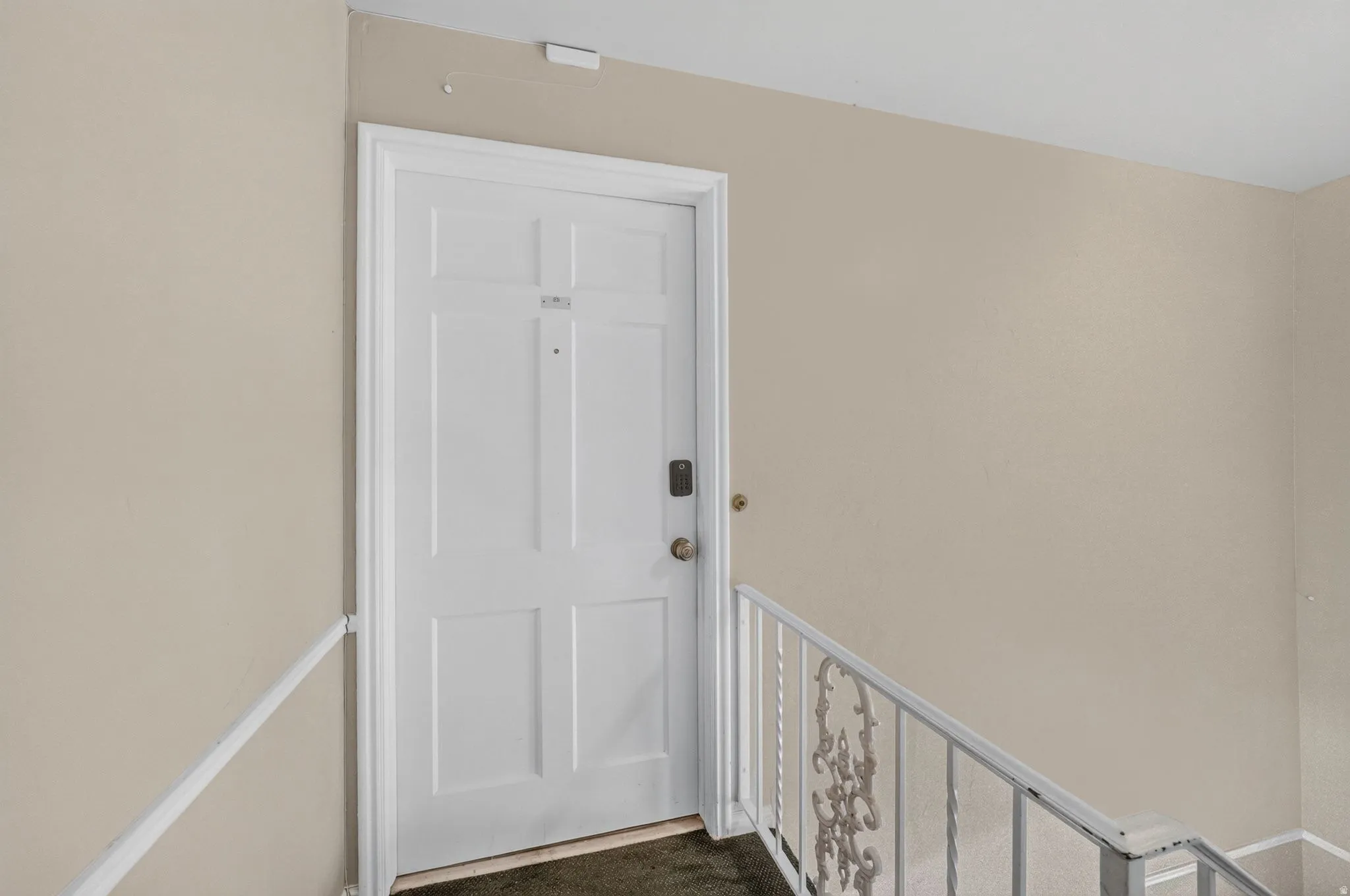 Entry door with paneled design and white trim