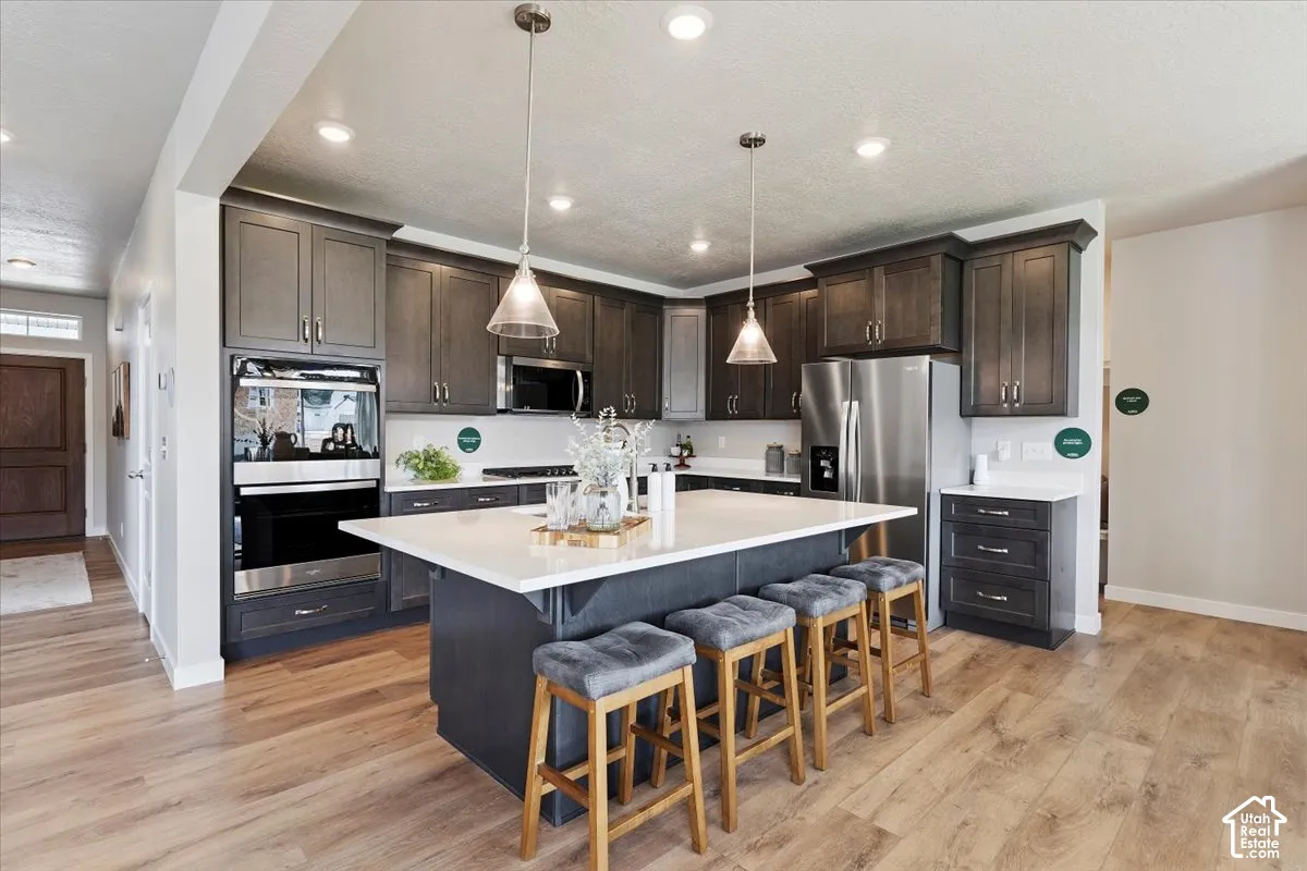 Modern kitchen featuring dark wood cabinetry, stainless steel appliances, and wood-finish flooring