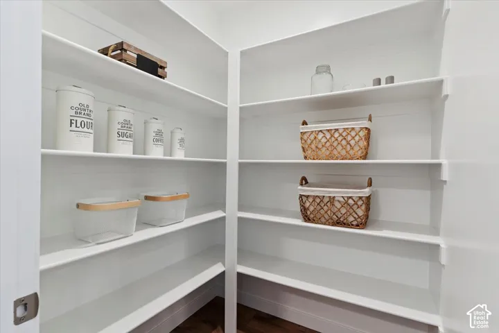 Spacious walk-in pantry featuring multiple levels of shelving