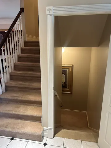Carpeted staircase with white balusters and dark wood handrail