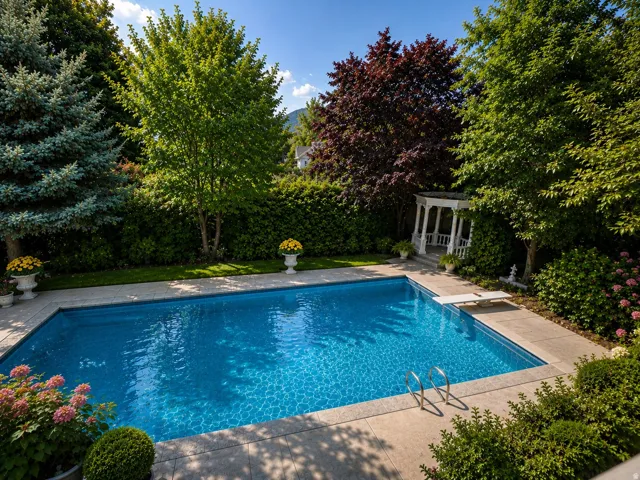 Rectangular in-ground swimming pool with a diving board, surrounded by a light-toned concrete patio