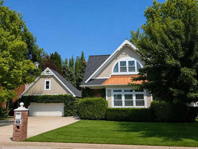 Exterior featuring light-colored siding, a dark shingle roof, a prominent copper-toned awning, and an arched window