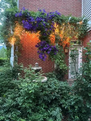 Brick exterior featuring an entry door with sidelights, a decorative wall-mounted light fixture, and a stone water fountain