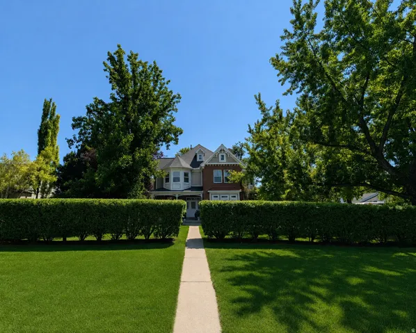 Classic two-story residence featuring a brick and siding facade with bay windows
