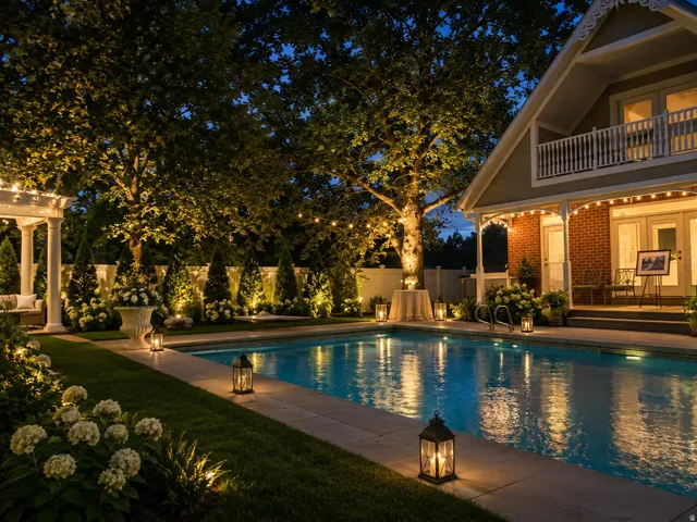 Backyard oasis featuring a swimming pool with concrete surround, string lighting, mature trees, and landscaping