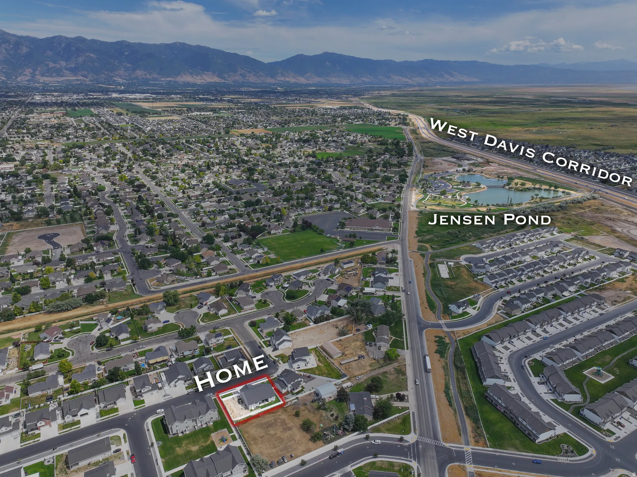 Aerial perspective showcasing the property within a residential neighborhood
