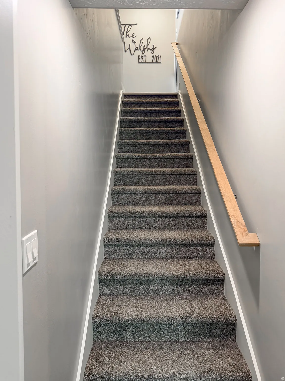 Carpeted staircase with light gray walls and a wooden handrail