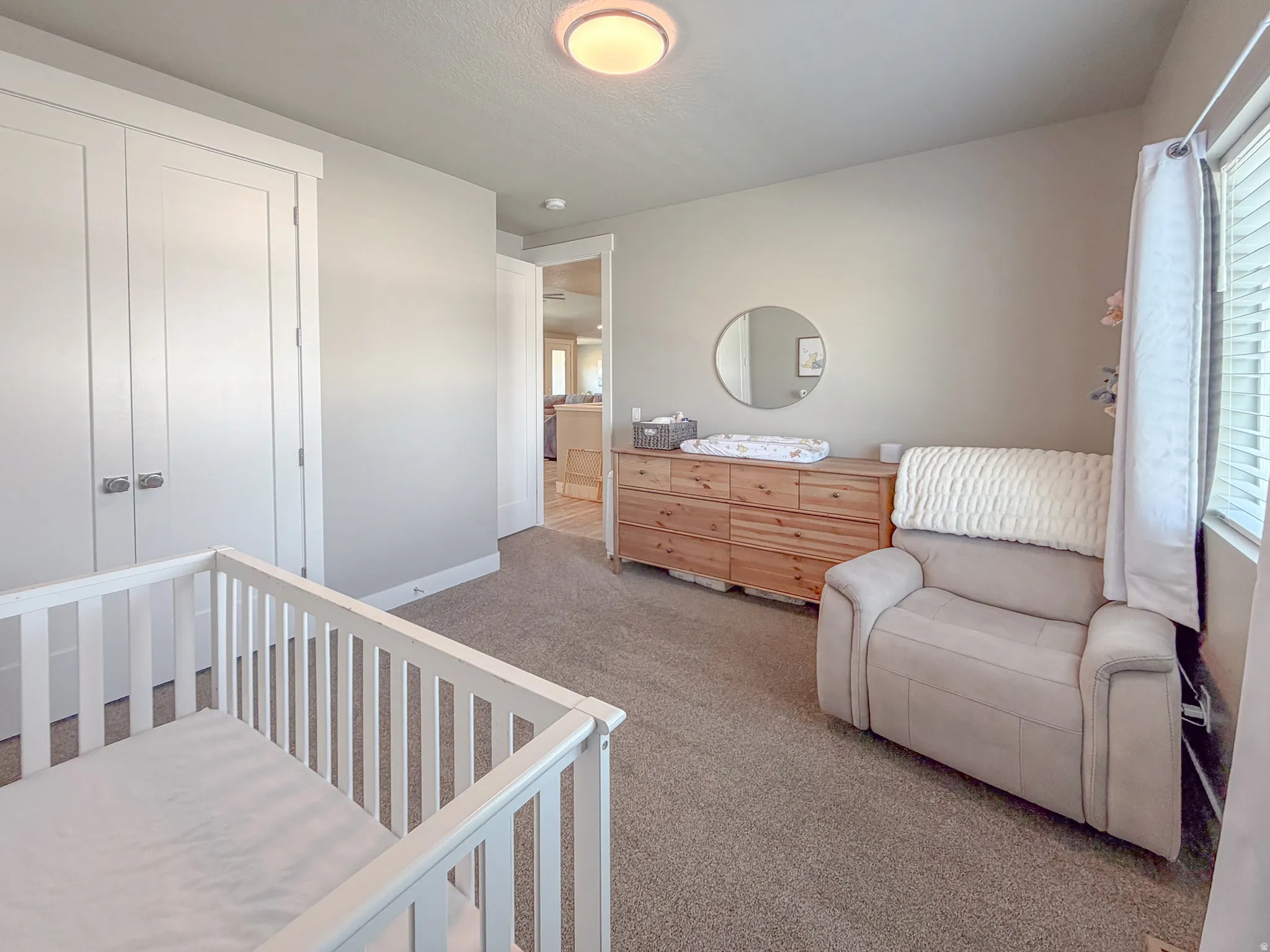 Carpeted room featuring a double-door closet with white panels and silver hardware, a window with blinds and drapes, and an overhead flush-mount light fixture