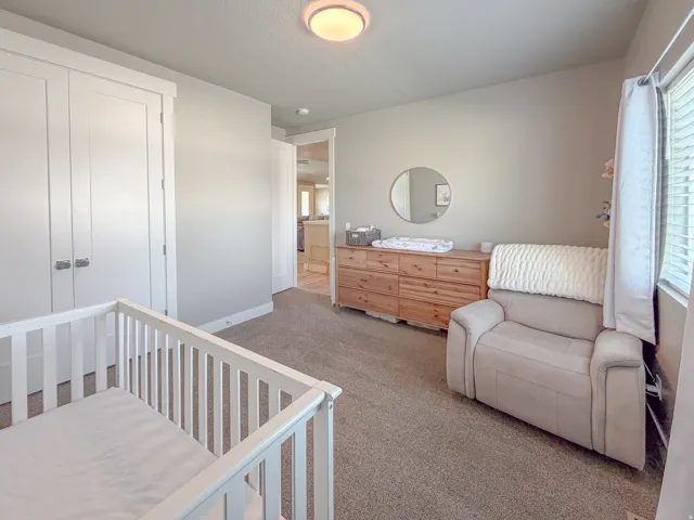 Carpeted room featuring a double-door closet with white panels and silver hardware, a window with blinds and drapes, and an overhead flush-mount light fixture