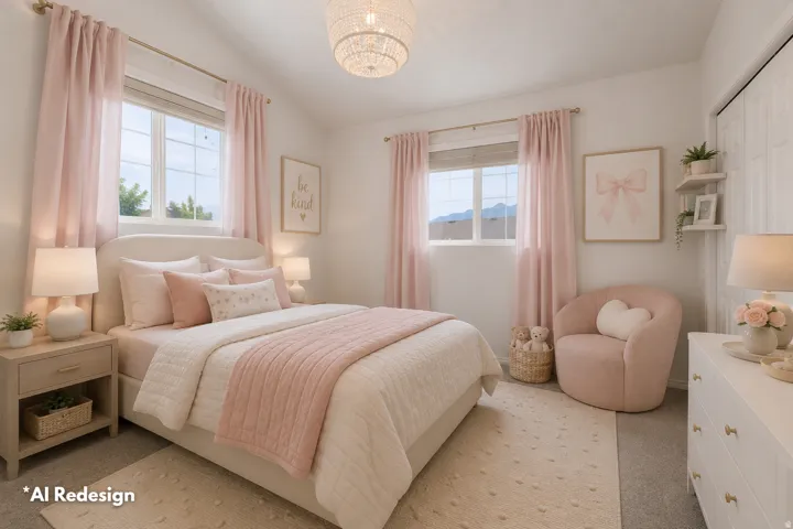 White walls with dual windows featuring light pink drapes